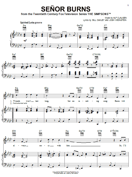 Learn to play The Simpsons Senor Burns sheet music for Piano, Vocal & Guitar Chords (Right-Hand Melody) in minutes. Price: 7.8900$ The Simpsons Senor Burns sheet music notes and chords arranged for Piano, Vocal & Guitar Chords (Right-Hand Melody)