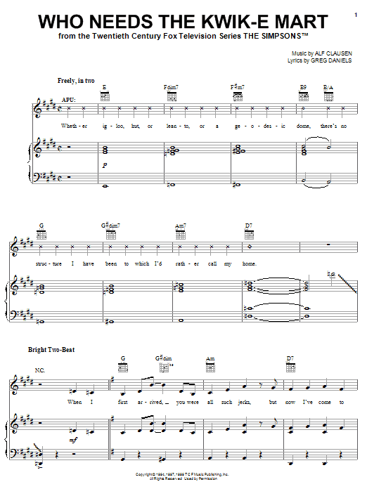 Learn to play The Simpsons Who Needs The Kwik-E Mart sheet music for Piano, Vocal & Guitar Chords (Right-Hand Melody) in minutes. Price: 7.8900$ The Simpsons Who Needs The Kwik-E Mart sheet music notes and chords arranged for Piano, Vocal & Guitar Chords (Right-Hand Melody)