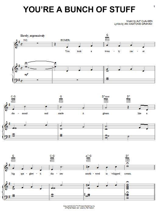Learn to play The Simpsons You're A Bunch Of Stuff sheet music for Piano, Vocal & Guitar Chords (Right-Hand Melody) in minutes. Price: 7.8900$ The Simpsons You're A Bunch Of Stuff sheet music notes and chords arranged for Piano, Vocal & Guitar Chords (Right-Hand Melody)