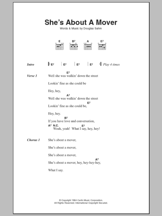 The Sir Douglas Quintet She's About A Mover sheet music notes and chords. Download Printable PDF.