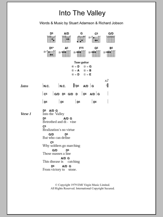 Learn to play The Skids Into The Valley sheet music for Guitar Tab in minutes. Price: 7.8900$ The Skids Into The Valley sheet music notes and chords arranged for Guitar Tab