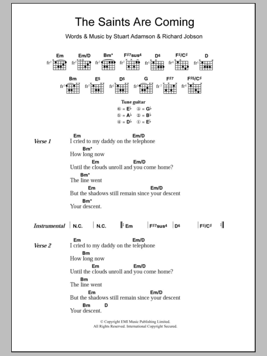 The Skids The Saints Are Coming sheet music notes and chords. Download Printable PDF.