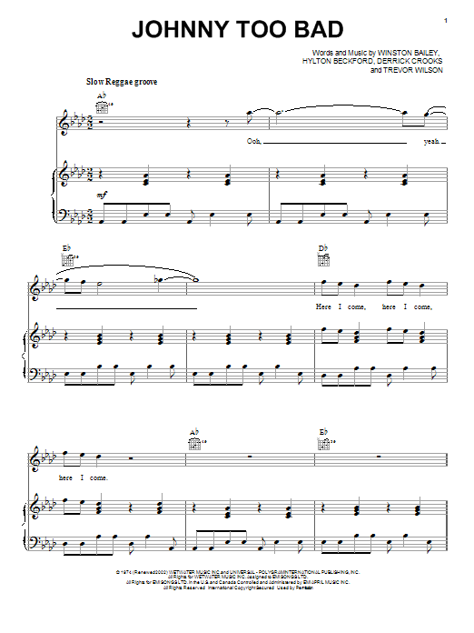 The Slickers Johnny Too Bad sheet music notes and chords. Download Printable PDF.