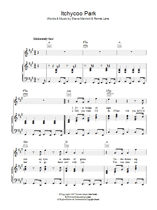 The Small Faces Itchycoo Park sheet music notes and chords. Download Printable PDF.