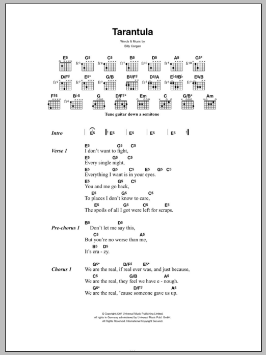 The Smashing Pumpkins Tarantula sheet music notes and chords. Download Printable PDF.