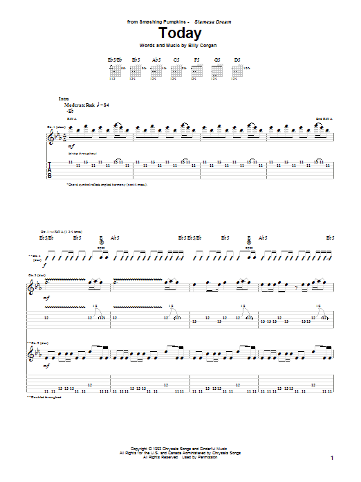 The Smashing Pumpkins Today sheet music notes and chords. Download Printable PDF.