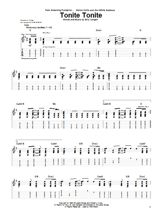 Learn to play The Smashing Pumpkins Tonite Tonite sheet music for Guitar Tab in minutes. Price: 7.8900$ The Smashing Pumpkins Tonite Tonite sheet music notes and chords arranged for Guitar Tab