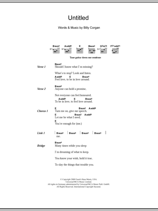 Learn to play The Smashing Pumpkins Untitled sheet music for Guitar Tab in minutes. Price: 7.8900$ The Smashing Pumpkins Untitled sheet music notes and chords arranged for Guitar Tab