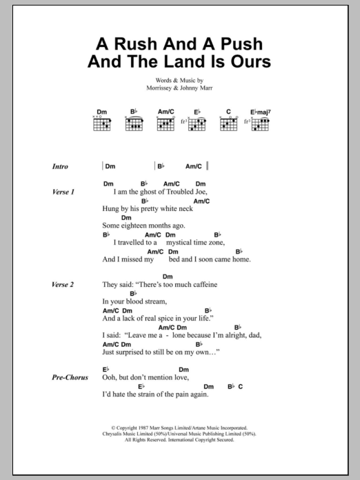 Learn to play The Smiths A Rush And A Push And The Land Is Ours sheet music for Guitar Chords/Lyrics in minutes. Price: 4.4900$ The Smiths A Rush And A Push And The Land Is Ours sheet music notes and chords arranged for Guitar Chords/Lyrics