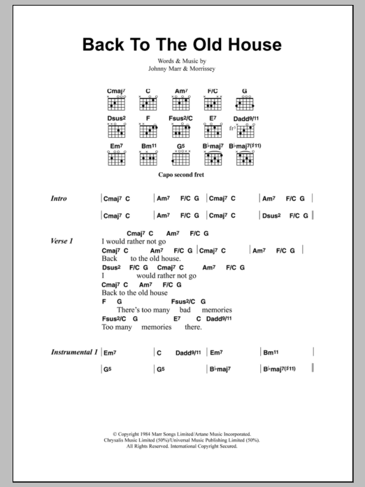 The Smiths Back To The Old House sheet music notes and chords arranged for Guitar Chords/Lyrics