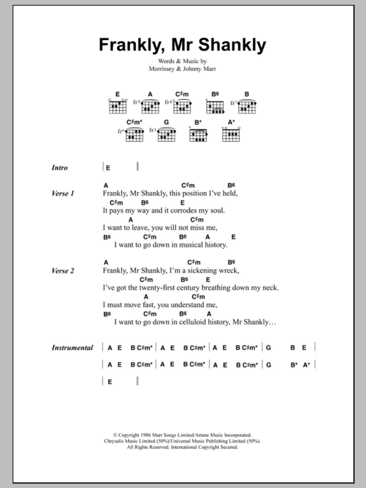 Learn to play The Smiths Frankly, Mr Shankly sheet music for Guitar Chords/Lyrics in minutes. Price: 4.4900$ The Smiths Frankly, Mr Shankly sheet music notes and chords arranged for Guitar Chords/Lyrics