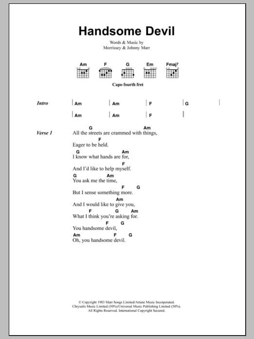 Learn to play The Smiths Handsome Devil sheet music for Guitar Chords/Lyrics in minutes. Price: 4.4900$ The Smiths Handsome Devil sheet music notes and chords arranged for Guitar Chords/Lyrics