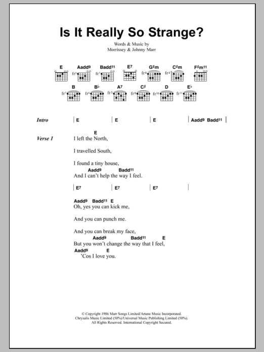 Learn to play The Smiths Is It Really So Strange? sheet music for Guitar Chords/Lyrics in minutes. Price: 4.4900$ The Smiths Is It Really So Strange? sheet music notes and chords arranged for Guitar Chords/Lyrics