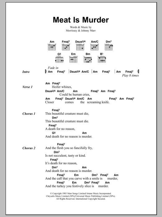 Learn to play The Smiths Meat Is Murder sheet music for Guitar Chords/Lyrics in minutes. Price: 4.4900$ The Smiths Meat Is Murder sheet music notes and chords arranged for Guitar Chords/Lyrics