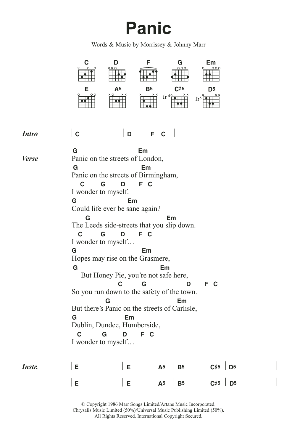 The Smiths Panic sheet music notes and chords arranged for Guitar Chords/Lyrics