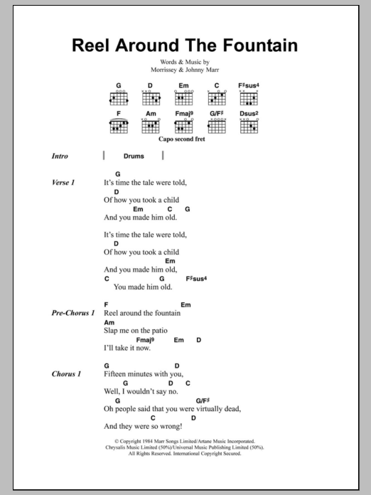 Learn to play The Smiths Reel Around The Fountain sheet music for Guitar Chords/Lyrics in minutes. Price: 4.4900$ The Smiths Reel Around The Fountain sheet music notes and chords arranged for Guitar Chords/Lyrics