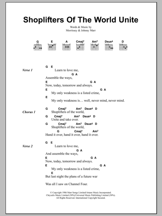 Learn to play The Smiths Shoplifters Of The World Unite sheet music for Guitar Chords/Lyrics in minutes. Price: 4.4900$ The Smiths Shoplifters Of The World Unite sheet music notes and chords arranged for Guitar Chords/Lyrics