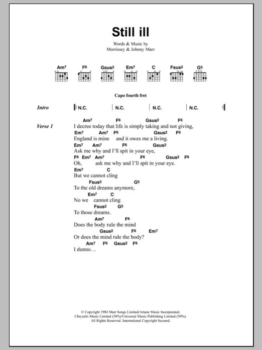 Learn to play The Smiths Still Ill sheet music for Guitar Chords/Lyrics in minutes. Price: 4.4900$ The Smiths Still Ill sheet music notes and chords arranged for Guitar Chords/Lyrics