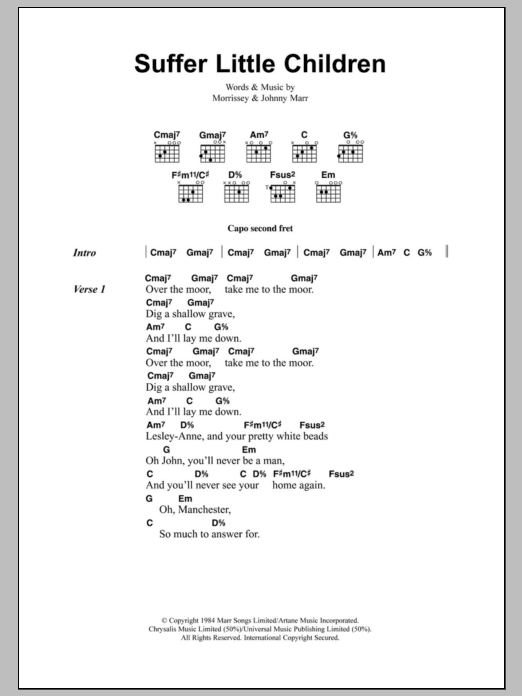 Learn to play The Smiths Suffer Little Children sheet music for Guitar Chords/Lyrics in minutes. Price: 4.4900$ The Smiths Suffer Little Children sheet music notes and chords arranged for Guitar Chords/Lyrics