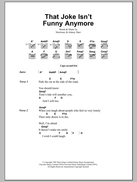 Learn to play The Smiths That Joke Isn't Funny Anymore sheet music for Guitar Tab in minutes. Price: 7.8900$ The Smiths That Joke Isn't Funny Anymore sheet music notes and chords arranged for Guitar Tab
