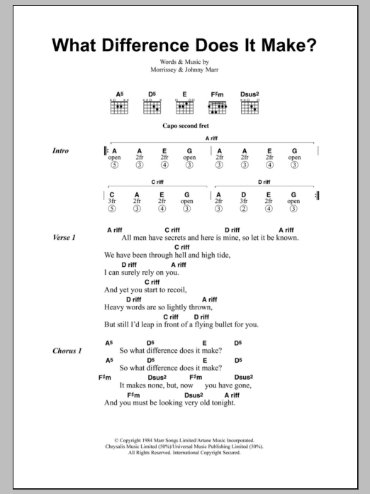 Learn to play The Smiths What Difference Does It Make? sheet music for Piano, Vocal & Guitar Chords (Right-Hand Melody) in minutes. Price: 7.8900$ The Smiths What Difference Does It Make? sheet music notes and chords arranged for Piano, Vocal & Guitar Chords (Right-Hand Melody)
