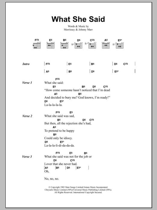Learn to play The Smiths What She Said sheet music for Guitar Chords/Lyrics in minutes. Price: 4.4900$ The Smiths What She Said sheet music notes and chords arranged for Guitar Chords/Lyrics