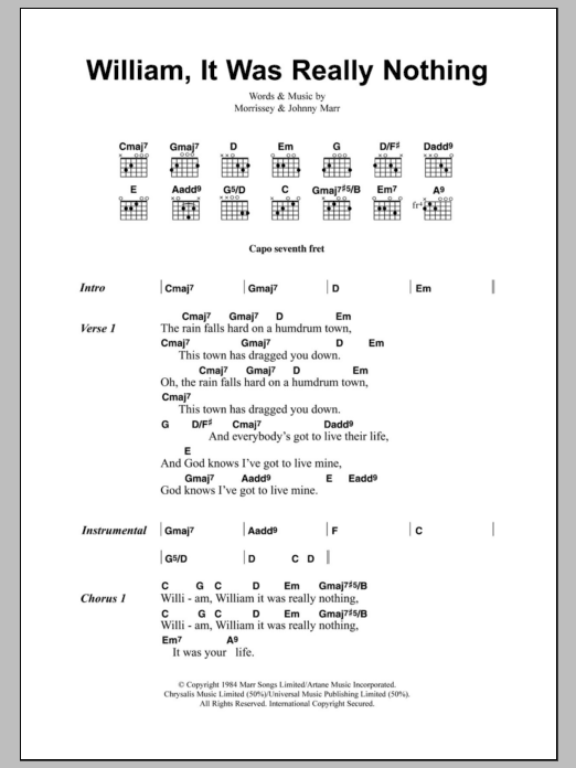 Learn to play The Smiths William, It Was Really Nothing sheet music for Guitar Tab in minutes. Price: 7.8900$ The Smiths William, It Was Really Nothing sheet music notes and chords arranged for Guitar Tab