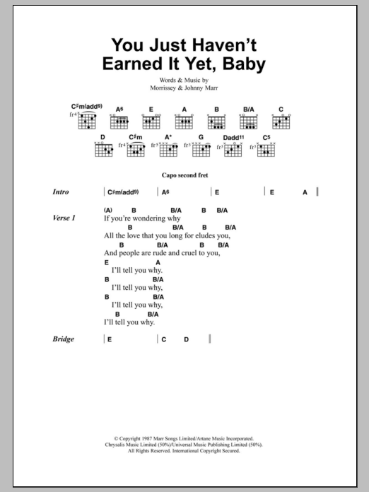 The Smiths You Just Haven't Earned It Yet, Baby sheet music notes and chords. Download Printable PDF.