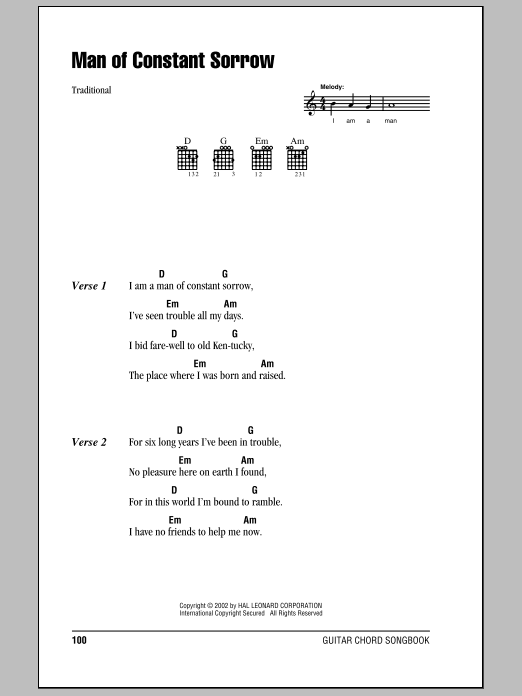 The Soggy Bottom Boys Man Of Constant Sorrow sheet music notes and chords. Download Printable PDF.