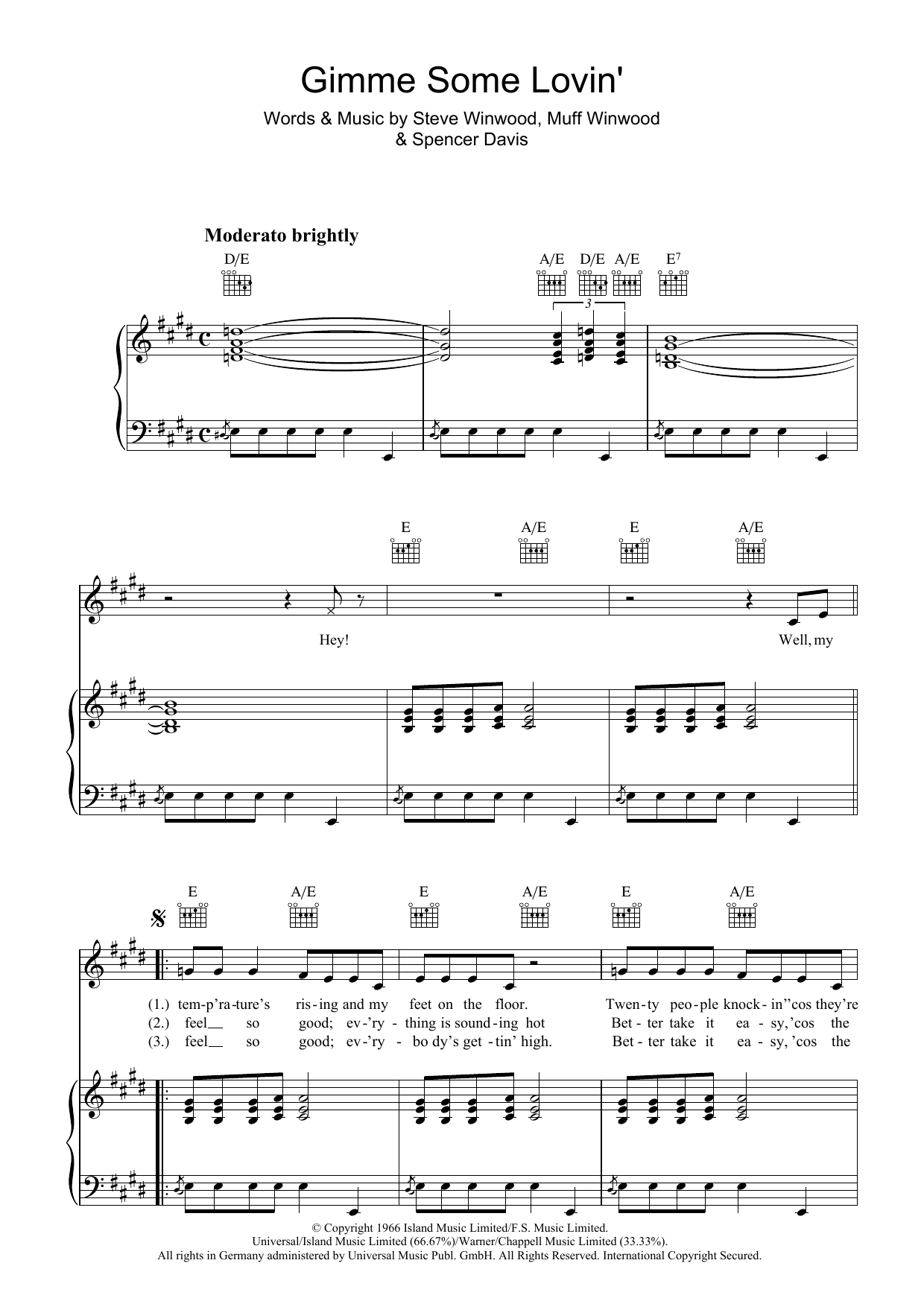 The Spencer Davis Group Gimme Some Lovin' sheet music notes and chords. Download Printable PDF.