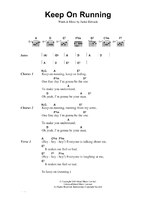 The Spencer Davis Group Keep On Running sheet music notes and chords. Download Printable PDF.