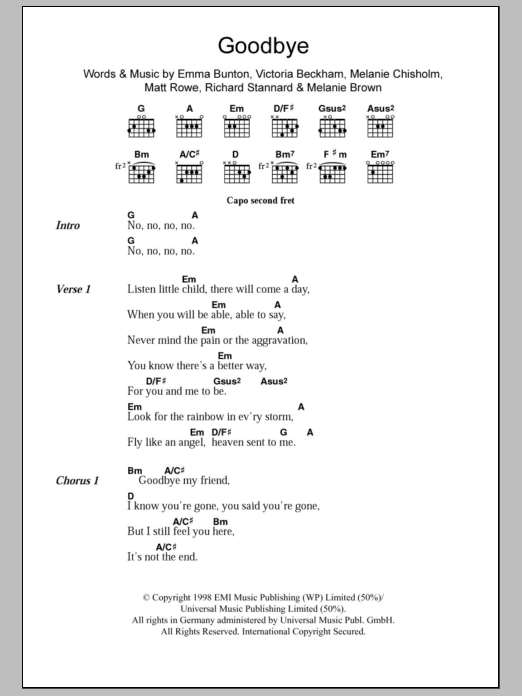 The Spice Girls Goodbye sheet music notes and chords. Download Printable PDF.