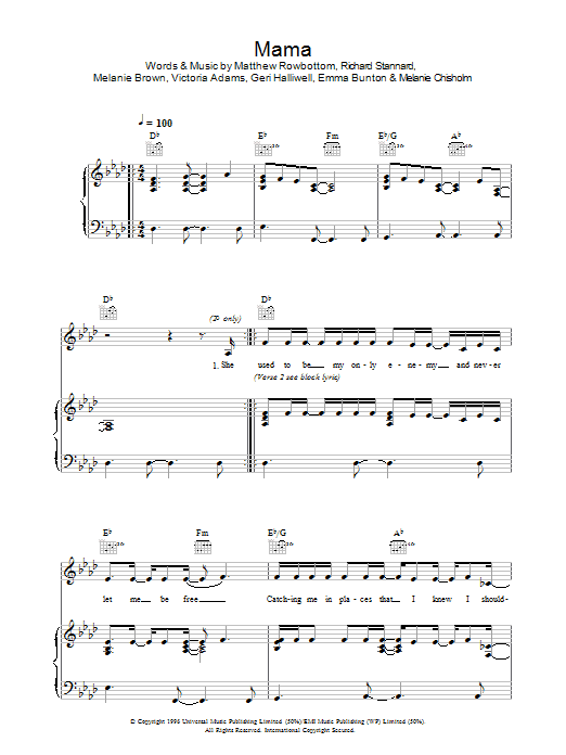 Learn to play The Spice Girls Mama sheet music for Piano, Vocal & Guitar Chords (Right-Hand Melody) in minutes. Price: 7.8900$ The Spice Girls Mama sheet music notes and chords arranged for Piano, Vocal & Guitar Chords (Right-Hand Melody)