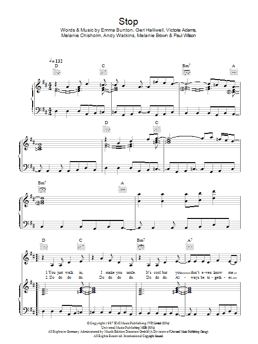 Learn to play The Spice Girls Stop sheet music for Piano, Vocal & Guitar Chords in minutes. Price: 7.8900$ The Spice Girls Stop sheet music notes and chords arranged for Piano, Vocal & Guitar Chords