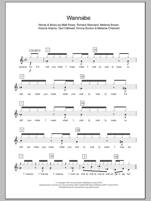 Learn to play The Spice Girls Wannabe sheet music for Piano Chords/Lyrics in minutes. Price: 4.4900$ The Spice Girls Wannabe sheet music notes and chords arranged for Piano Chords/Lyrics