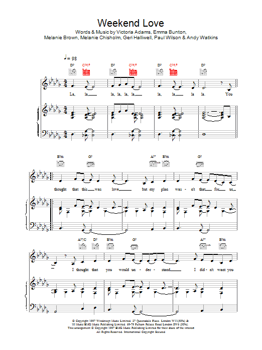 Learn to play The Spice Girls Weekend Love sheet music for Piano, Vocal & Guitar Chords in minutes. Price: 7.8900$ The Spice Girls Weekend Love sheet music notes and chords arranged for Piano, Vocal & Guitar Chords