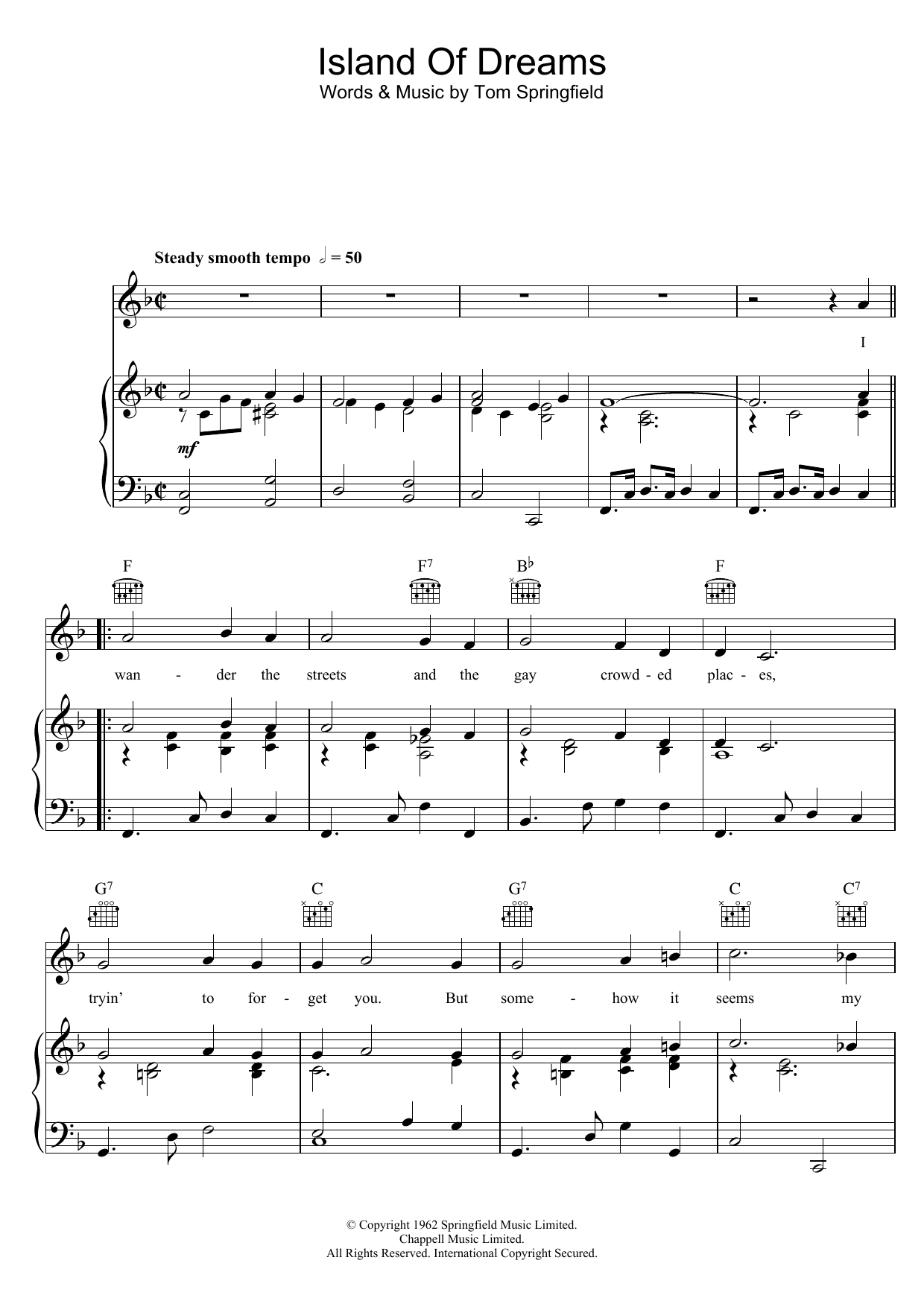 The Springfields Island Of Dreams sheet music notes and chords. Download Printable PDF.