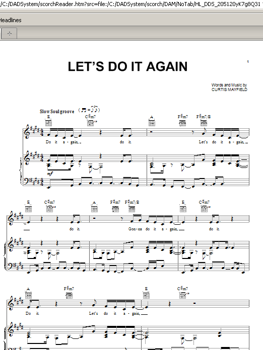 Learn to play The Staple Singers Let's Do It Again sheet music for Piano, Vocal & Guitar Chords (Right-Hand Melody) in minutes. Price: 7.8900$ The Staple Singers Let's Do It Again sheet music notes and chords arranged for Piano, Vocal & Guitar Chords (Right-Hand Melody)