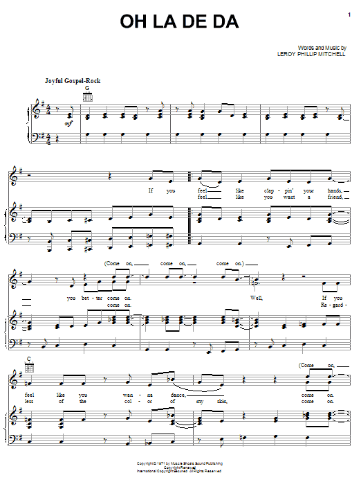 Learn to play The Staple Singers Oh La De Da sheet music for Piano, Vocal & Guitar Chords (Right-Hand Melody) in minutes. Price: 7.8900$ The Staple Singers Oh La De Da sheet music notes and chords arranged for Piano, Vocal & Guitar Chords (Right-Hand Melody)