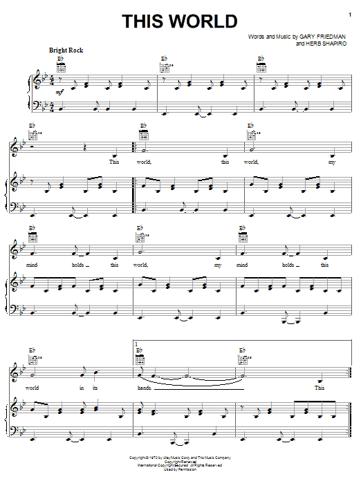Learn to play The Staple Singers This World sheet music for Piano, Vocal & Guitar Chords (Right-Hand Melody) in minutes. Price: 7.8900$ The Staple Singers This World sheet music notes and chords arranged for Piano, Vocal & Guitar Chords (Right-Hand Melody)