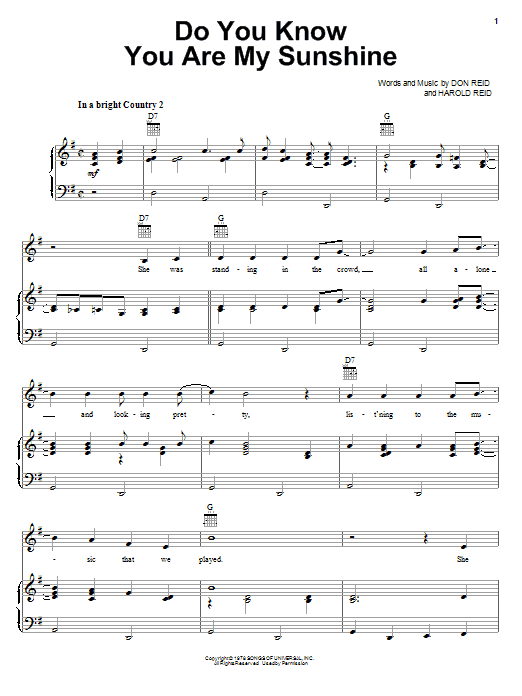 Learn to play The Statler Brothers Do You Know You Are My Sunshine sheet music for Piano, Vocal & Guitar Chords (Right-Hand Melody) in minutes. Price: 7.8900$ The Statler Brothers Do You Know You Are My Sunshine sheet music notes and chords arranged for Piano, Vocal & Guitar Chords (Right-Hand Melody)