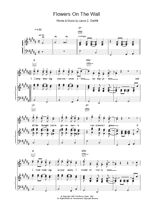 The Statler Brothers Flowers On The Wall (from Pulp Fiction) sheet music notes and chords. Download Printable PDF.