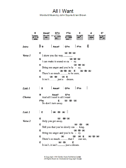 The Stone Roses All I Want sheet music notes and chords. Download Printable PDF.