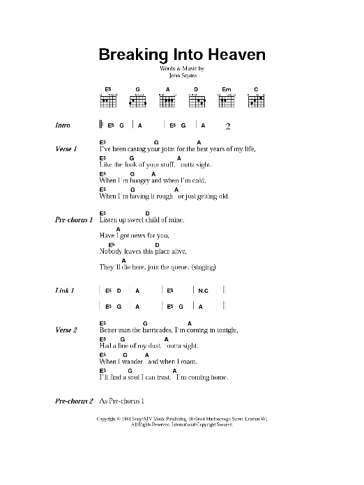 Learn to play The Stone Roses Breaking Into Heaven sheet music for Guitar Chords/Lyrics in minutes. Price: 4.4900$ The Stone Roses Breaking Into Heaven sheet music notes and chords arranged for Guitar Chords/Lyrics