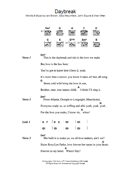 The Stone Roses Daybreak sheet music notes and chords. Download Printable PDF.