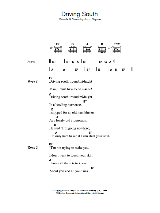 Learn to play The Stone Roses Driving South sheet music for Guitar Chords/Lyrics in minutes. Price: 4.4900$ The Stone Roses Driving South sheet music notes and chords arranged for Guitar Chords/Lyrics