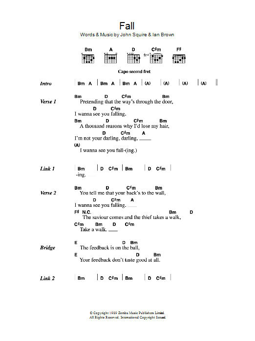 Learn to play The Stone Roses Fall sheet music for Guitar Chords/Lyrics in minutes. Price: 4.4900$ The Stone Roses Fall sheet music notes and chords arranged for Guitar Chords/Lyrics