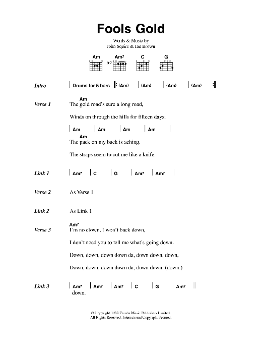 Learn to play The Stone Roses Fool's Gold sheet music for Piano, Vocal & Guitar Chords in minutes. Price: 7.8900$ The Stone Roses Fool's Gold sheet music notes and chords arranged for Piano, Vocal & Guitar Chords