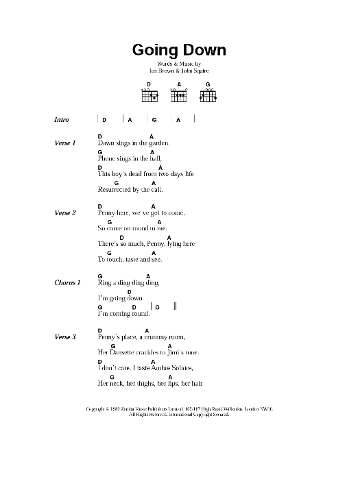 Learn to play The Stone Roses Going Down sheet music for Guitar Chords/Lyrics in minutes. Price: 4.4900$ The Stone Roses Going Down sheet music notes and chords arranged for Guitar Chords/Lyrics
