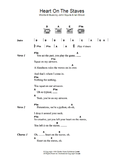 The Stone Roses Heart On The Staves sheet music notes and chords. Download Printable PDF.